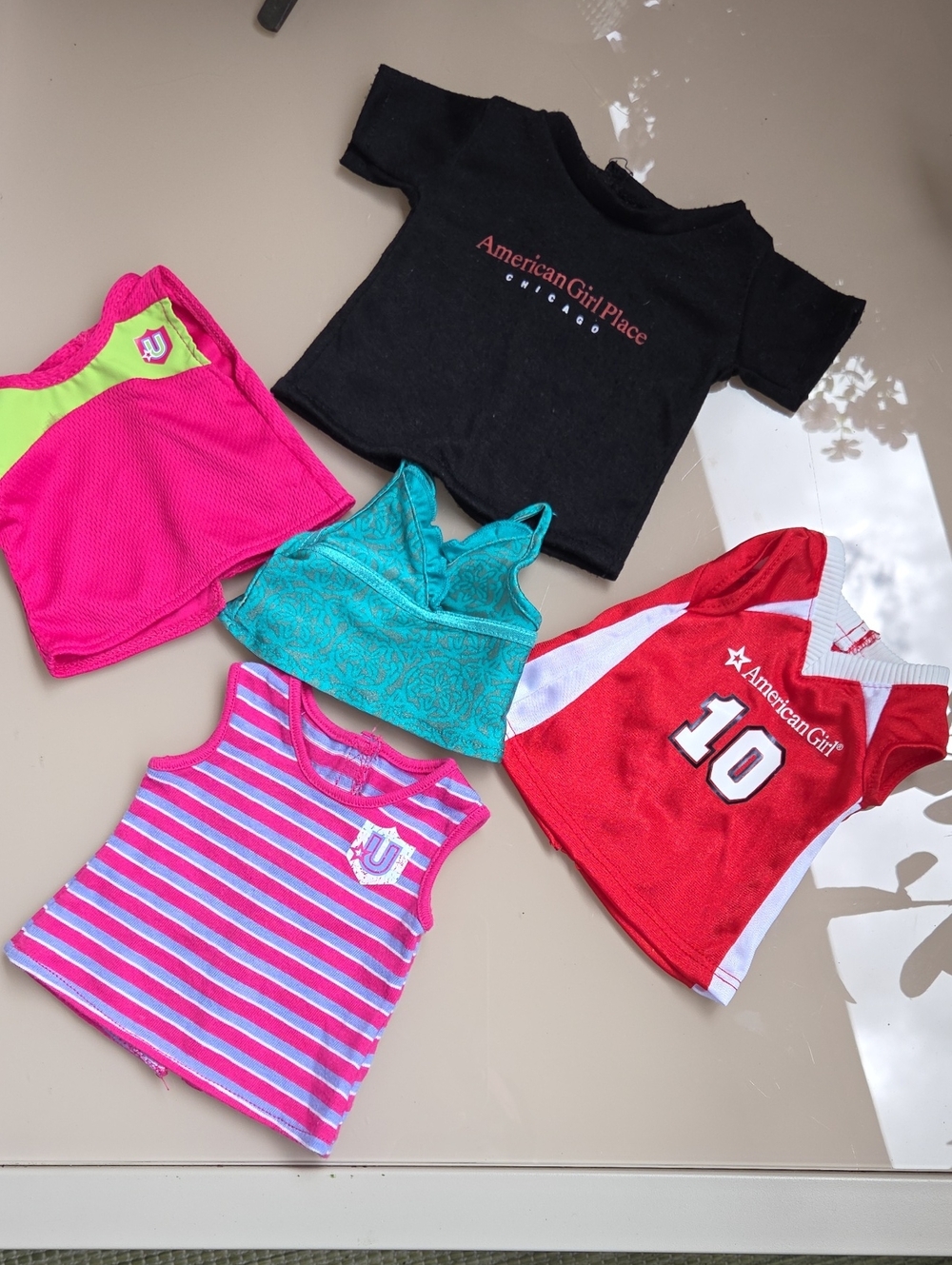 American Girl Black Tee, Red Sports Jersey, Pink Stripe & Teal Tops Bundle (5pcs